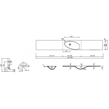 Waschtisch mit unterschrank/hängend/regulowana Marmorin Ugo 2500, rechts 700-2500x400x137 mm nach Maß weiß 