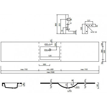 Waschtisch mit unterschrank/hängend/regulowana Marmorin Moira BIS 2500, 600-2500x500x140 mm nach Maß weiß 