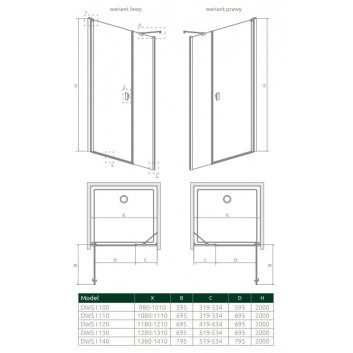 Front für Duschkabine Radaway Nes 8 Black KDS I 140, Tür links, Glas transparent, 1400x2000mm, schwarz profil