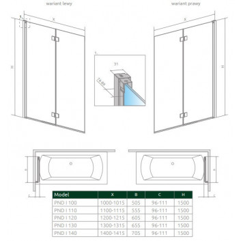 Parawan nawannowy Radaway Nes 8 Black PND I, lewy, składany, Glas transparent, 140x150cm, schwarz profil