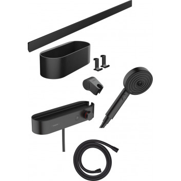 Dusch-set Hansgrohe WallStoris, Aufputz-, Armattur thermostatisch, 1 wyjście wody, mit Korb, wieszakiem i suwakiem, schwarz matt