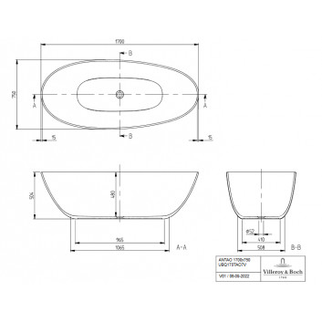 Badewanne freistehend oval Villeroy & Boch Antao, 170x75cm, Quaryl, szary matt