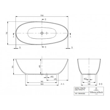 Badewanne freistehend oval Villeroy & Boch Antao SilentFlow, 170x75cm, Quaryl, szary matt