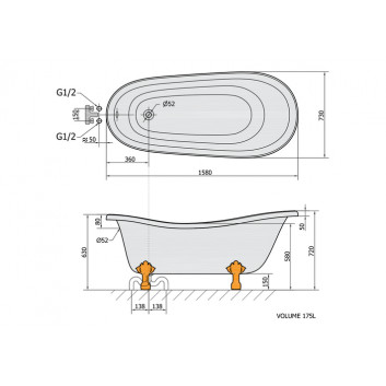 Badewanne freistehend 158x73x72cm Polysan RETRO,Füße weiß, weiß