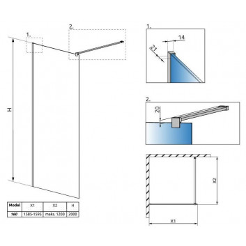 Duschkabine walk-in Radaway Modo New II mit Halter, 160x200cm, Glas transparent, profil Chrom