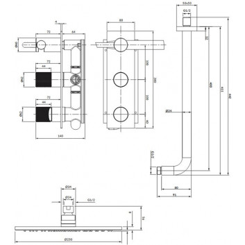 Duschsystem Omnires Contour, Unterputz, 2 wyjscia wody, Kopfbrause rund 250mm, Handbrause 1-Funktions-, golden szczotkowany