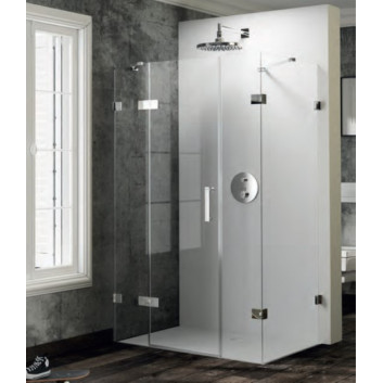 Duschkabine Viereck ohne Rahmen Huppe SolvaPro, Schwingtür mit Festsegment und Seitenwand, Halterung rechts, 700-1200 x 200-1200 mm, Höhe 1200-2000 mm nach Maß, selbern glänzend, Glas AntiPlaque