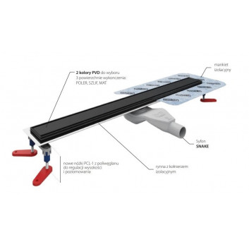 Set Wiper New Premium, Ablaufrinne 110 cm, Ponente, z obrotowym syfonem snake 360, szlif