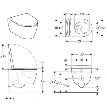 Becken WC hängend Geberit iCon 53x36 cm, bez kołnierza, spłukiwanie wirowe mit WC-Sitz mit Softclosing - weiß